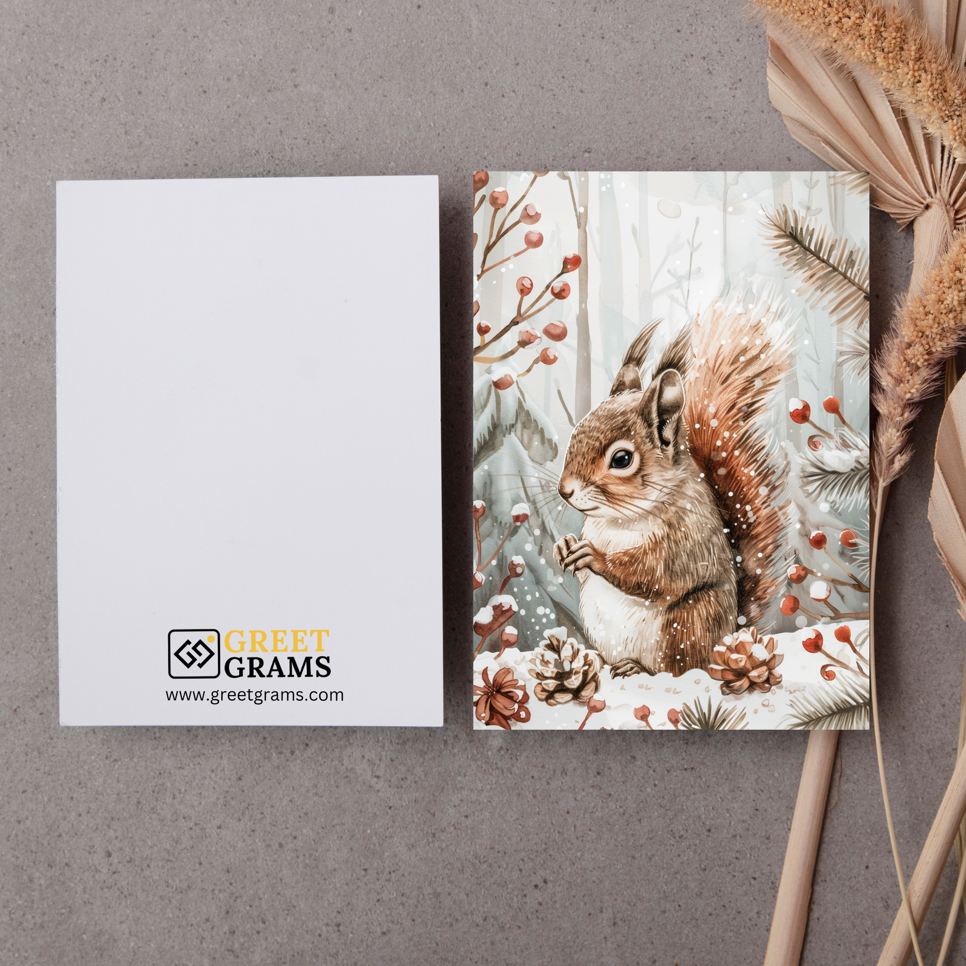 greeting card of a  squirrel playing in the snow in the grey background