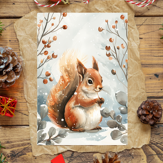 greeting card of a squirrel enjoying the winter wonderland