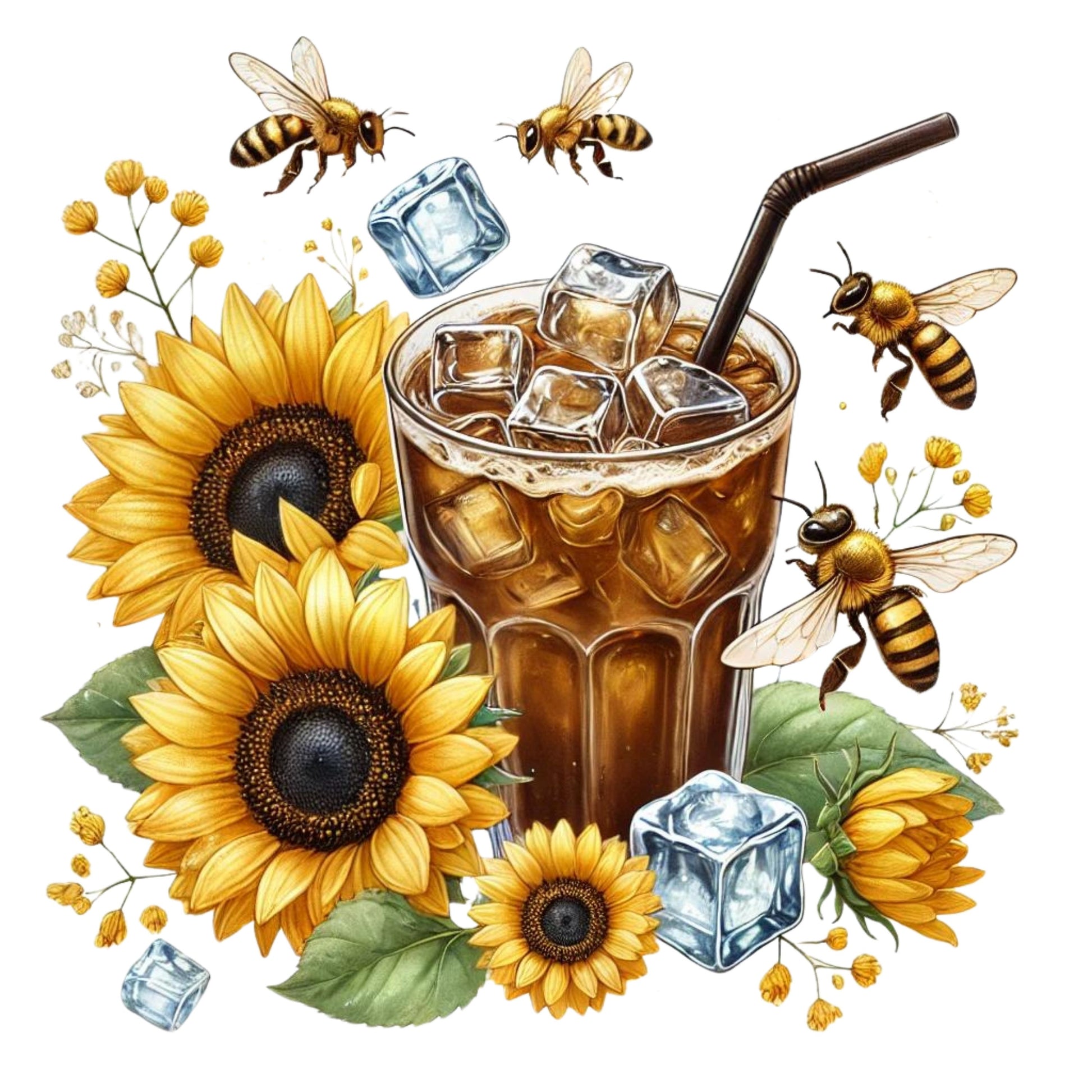 iced coffee surrounded by sunflowers