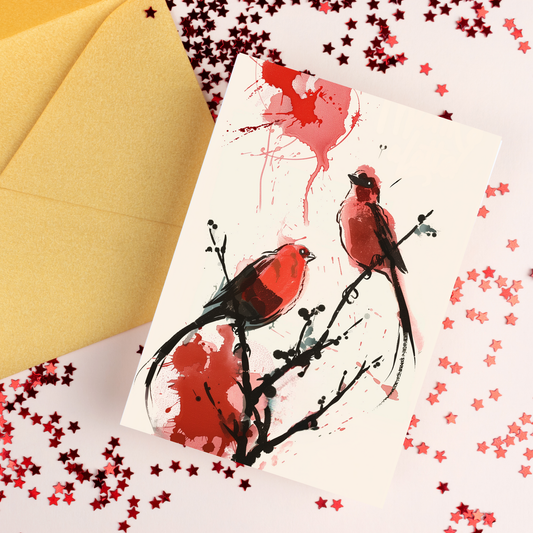 greeting card of two red birds sitting on a branch