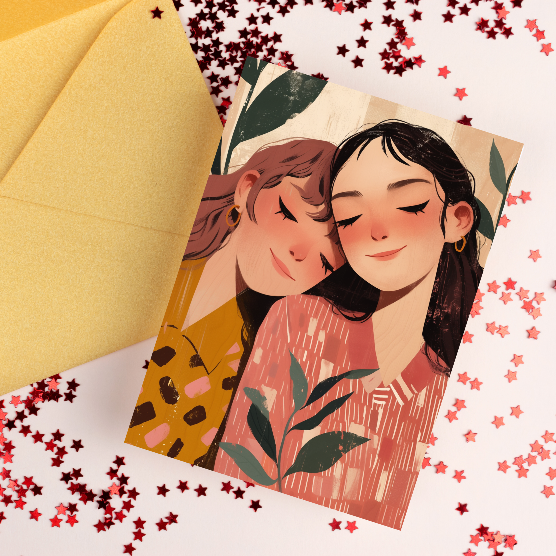 greeting card of a female couple in a loving embrace.