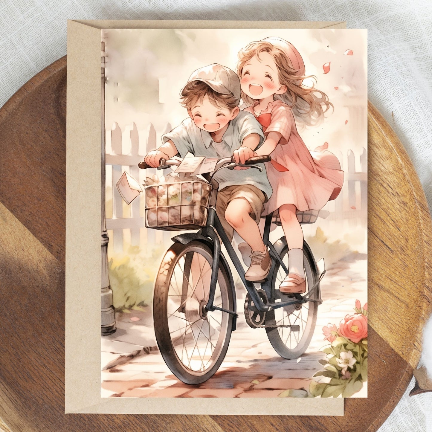 Greeting card showing two kids riding a cycle together 