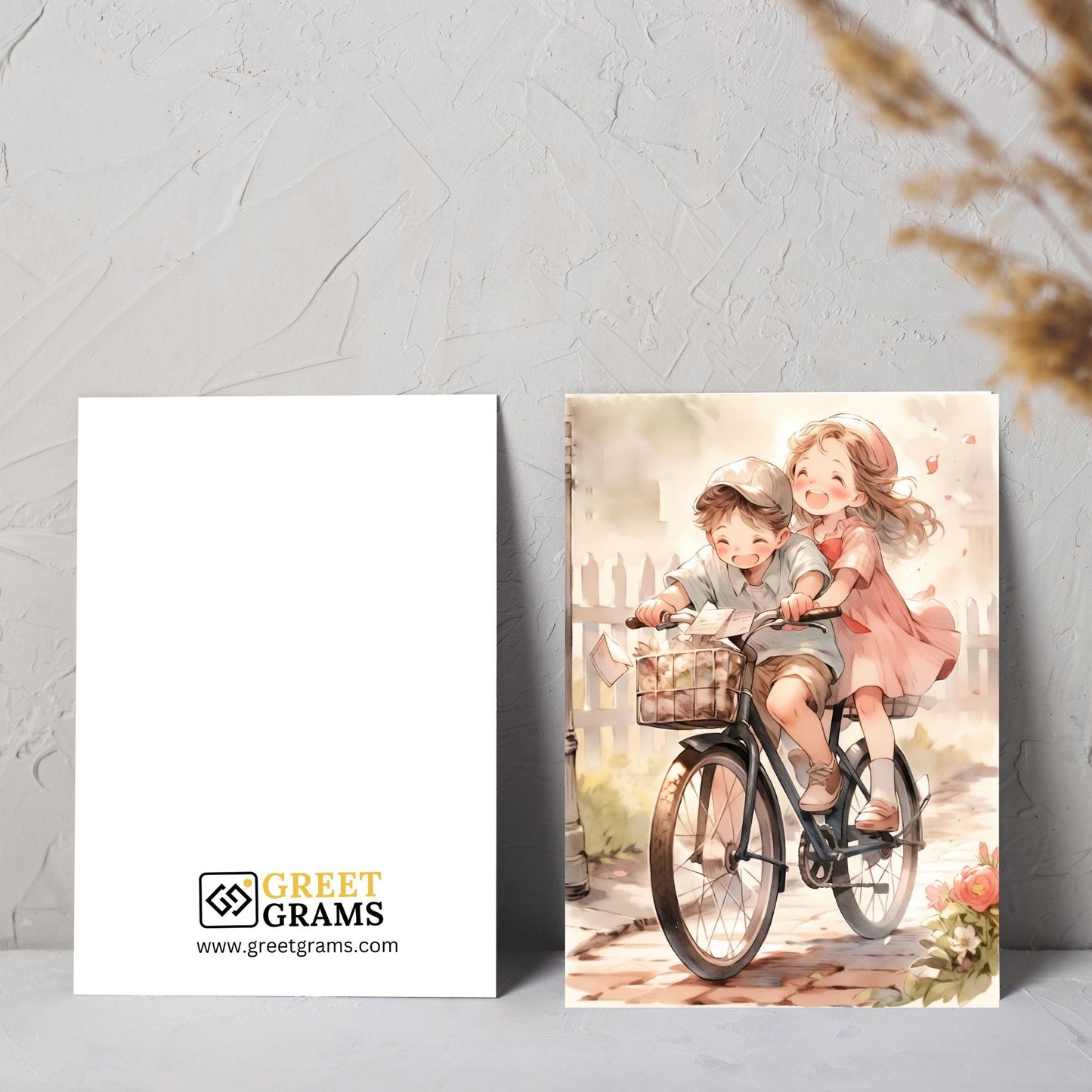 Friendship greeting card of  kids riding cycle together  