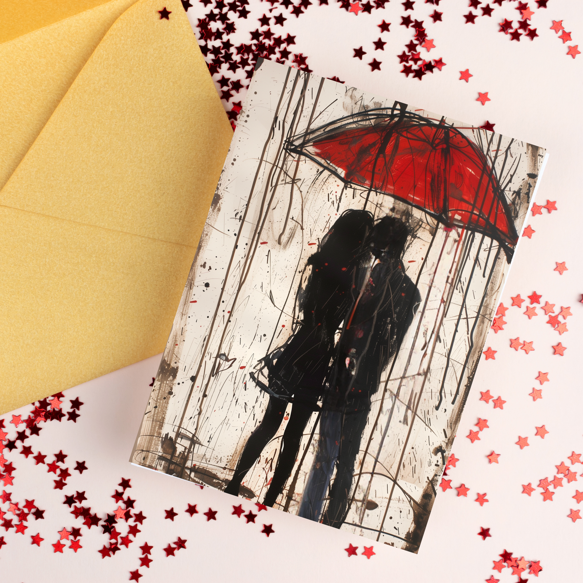 greeting card of a couple sharing a red umbrella. 