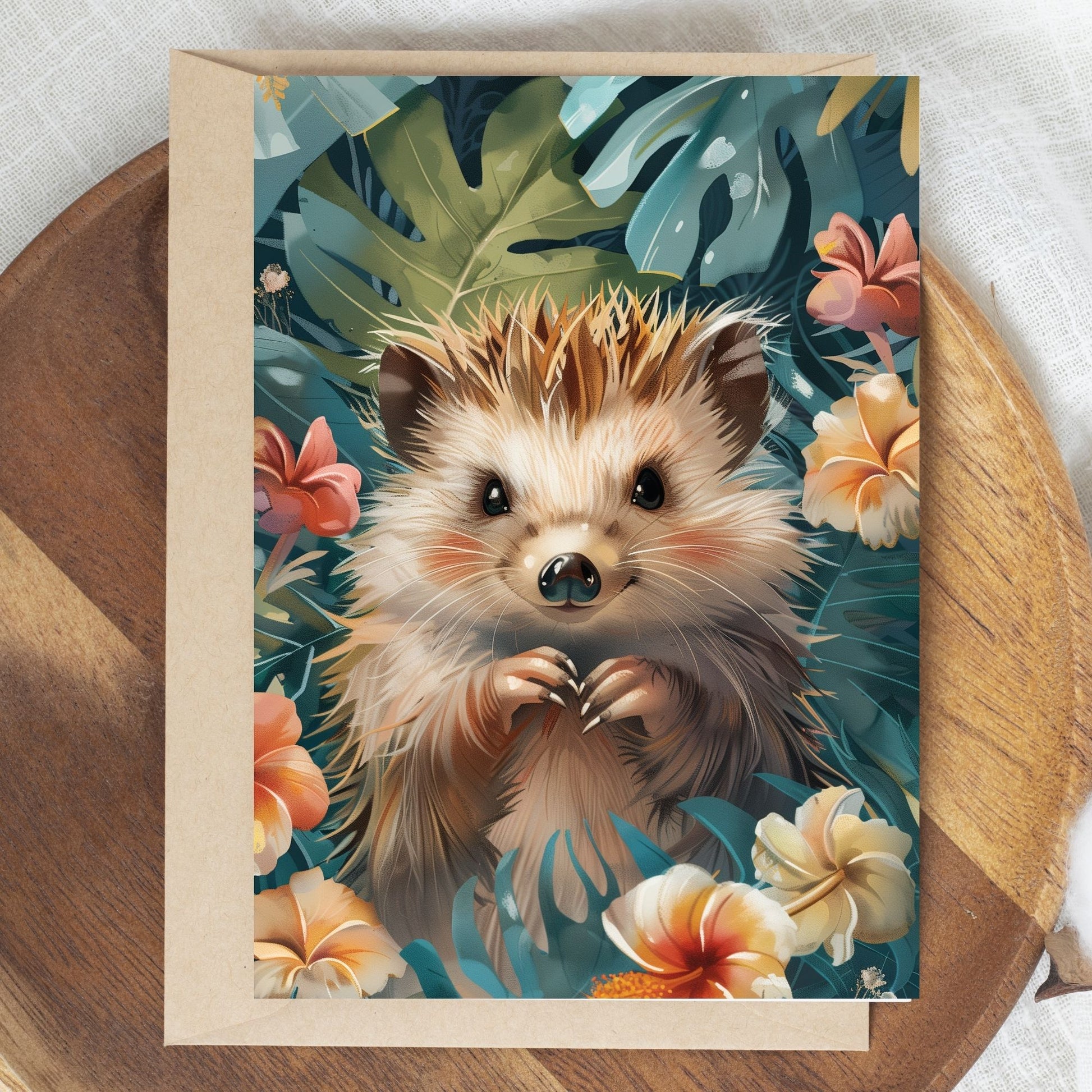 greeting card of a hedgehog enjoying the beauty of a tropical paradise.