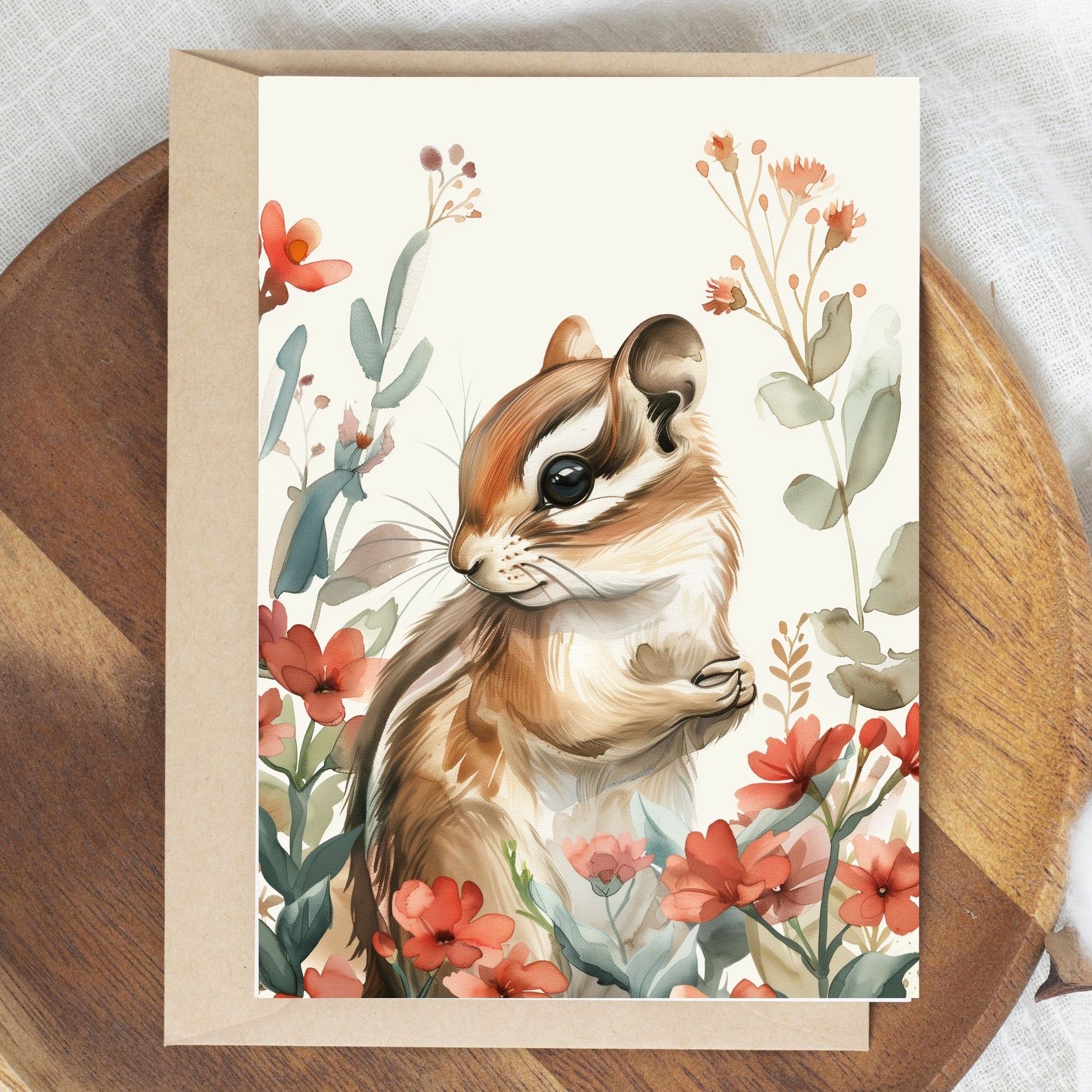greeting card of a chipmunk exploring a lush tropical paradise.
