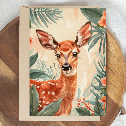 greeting card of a deer in a lush tropical paradise