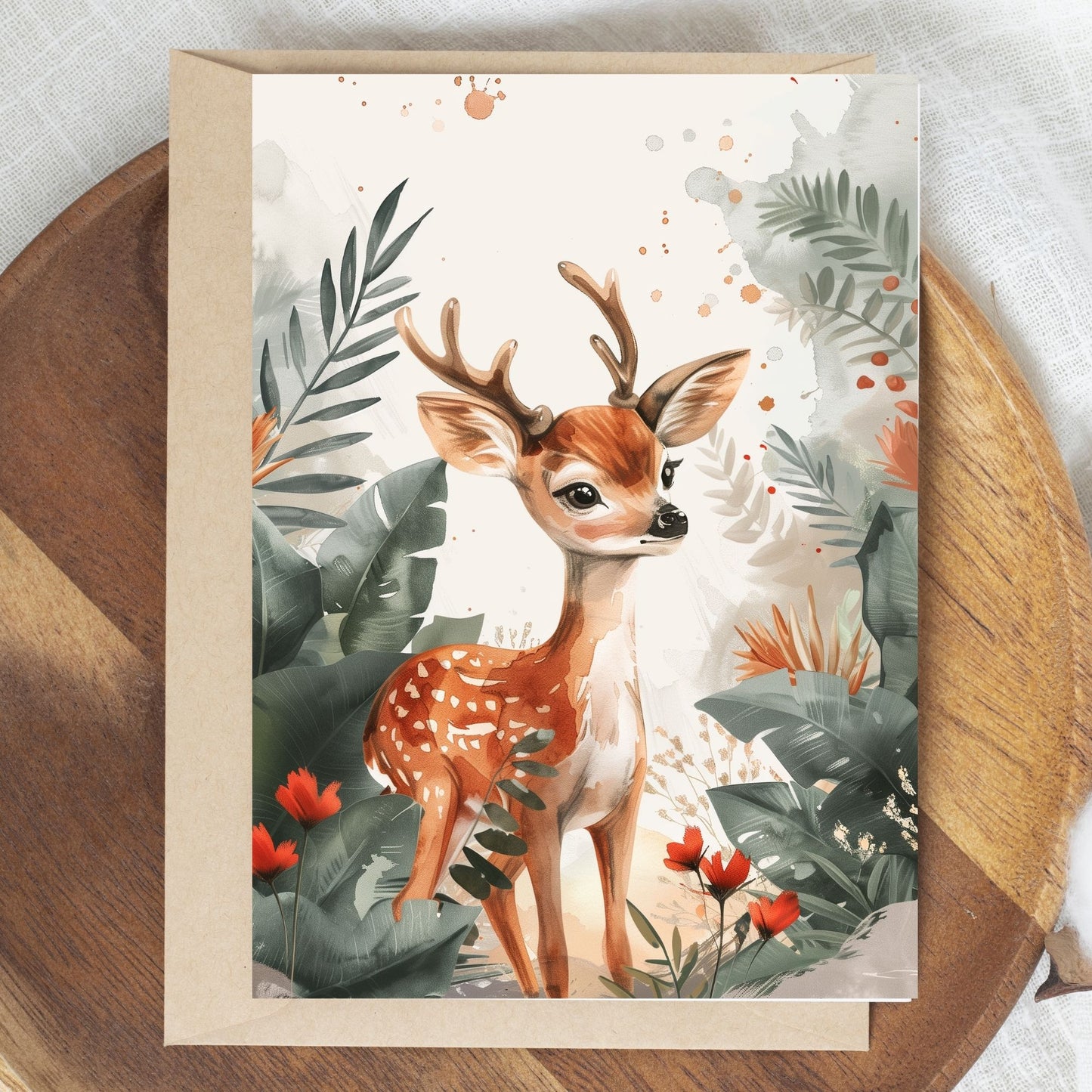 greeting card of a kitten exploring an enchanted forest in the grey backgrond