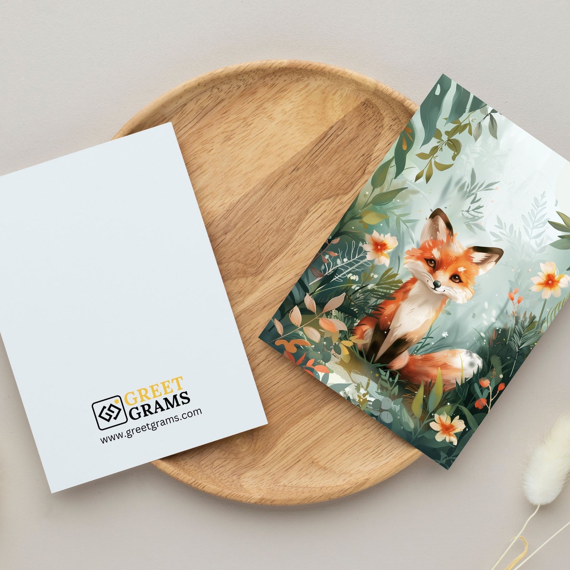 greeting card of a fox enjoying in the splendour of a tropical paradise in the grey background