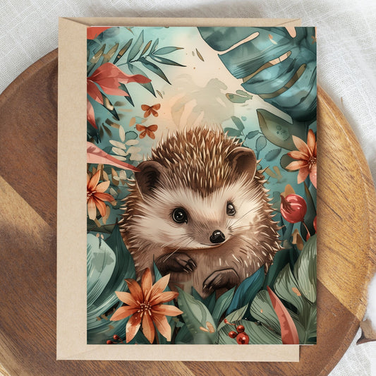 greeting card of a hedgehog exploring the wonders of a tropical paradise