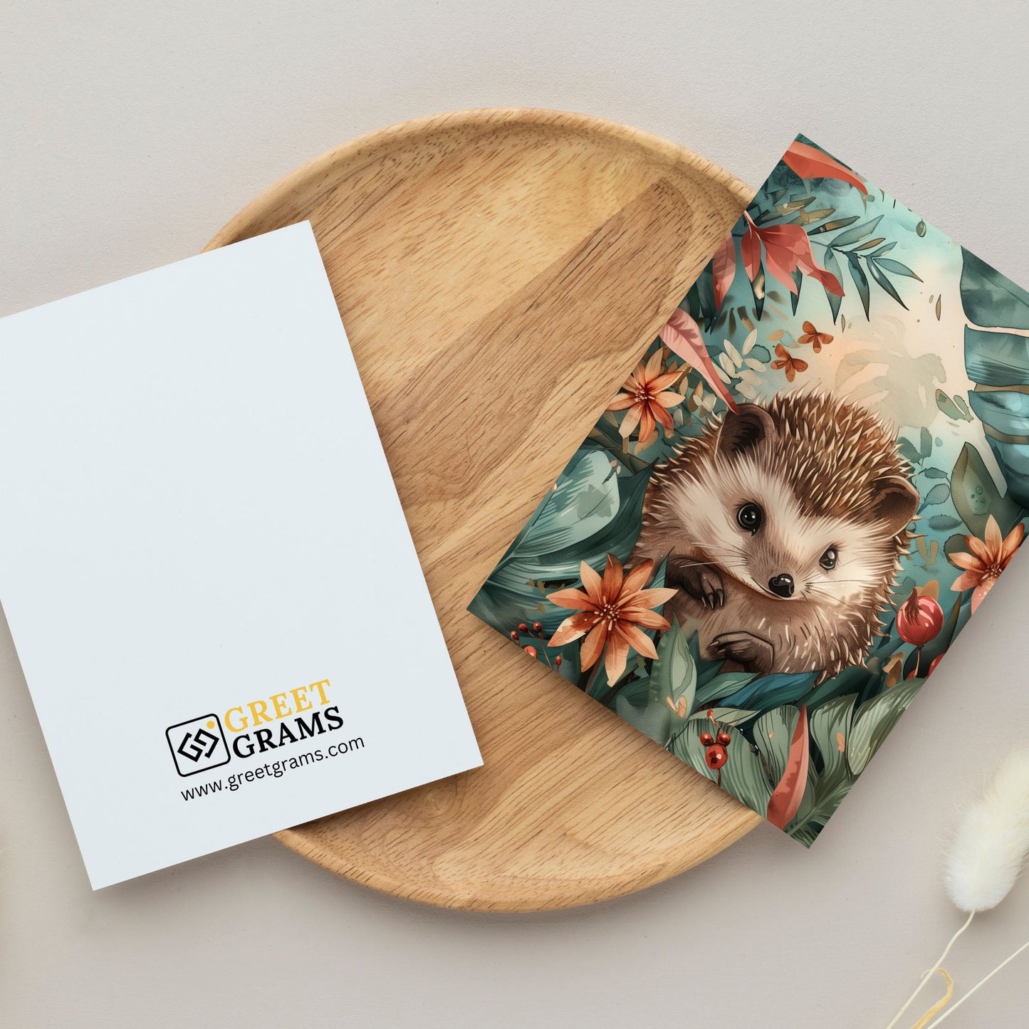 greeting card of a hedgehog exploring the wonders of a tropical paradise in the grey background