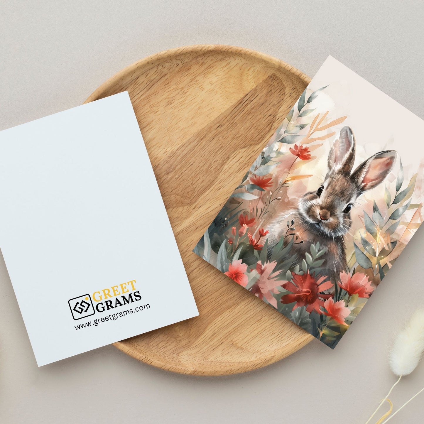 greeting card of a rabbit enjoying the beauty of tropical paradise in the grey background