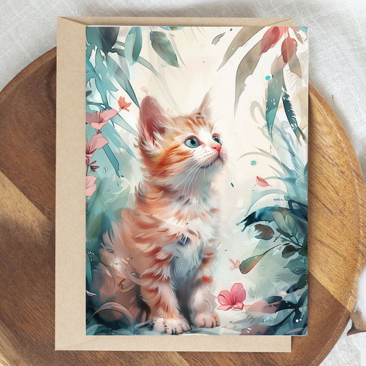 greeting card of a kitten enjoying in the beauty of a tropical paradise.