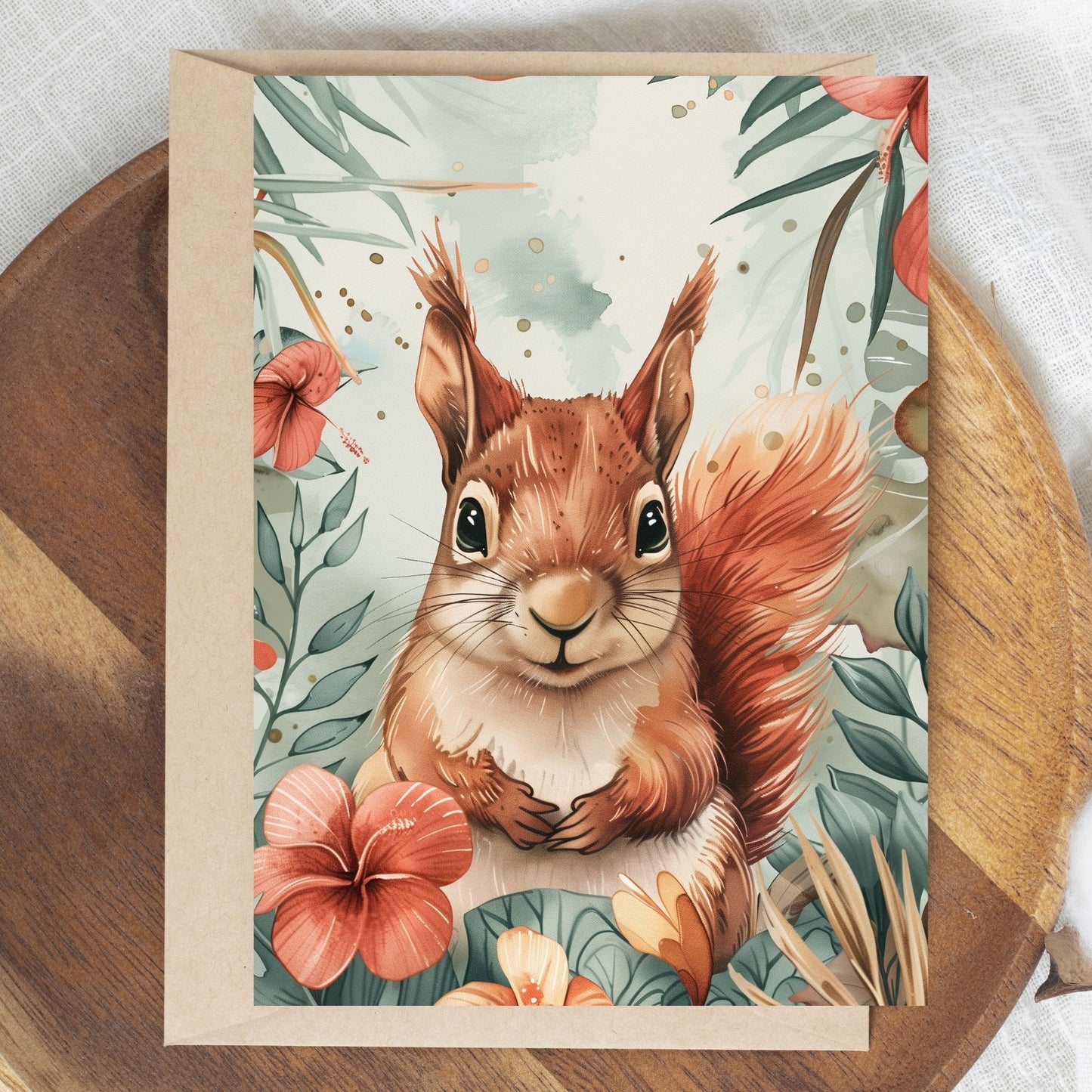 greeting card of a squirrel reveling in the tropical scenery