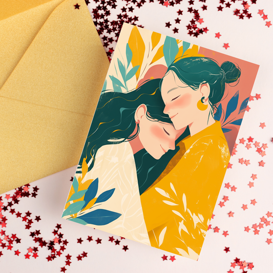 greeting card of female couple holding each other closely in the grey background