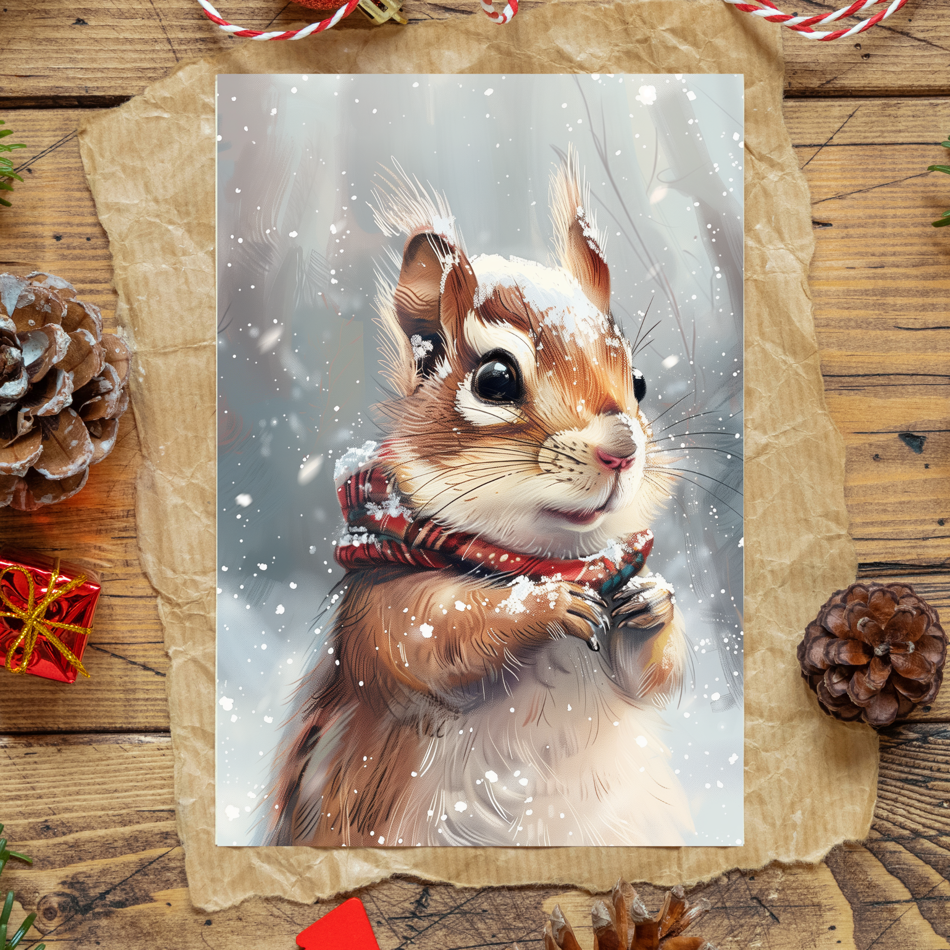 greeting card of a  chipmunk frolicking in the snow