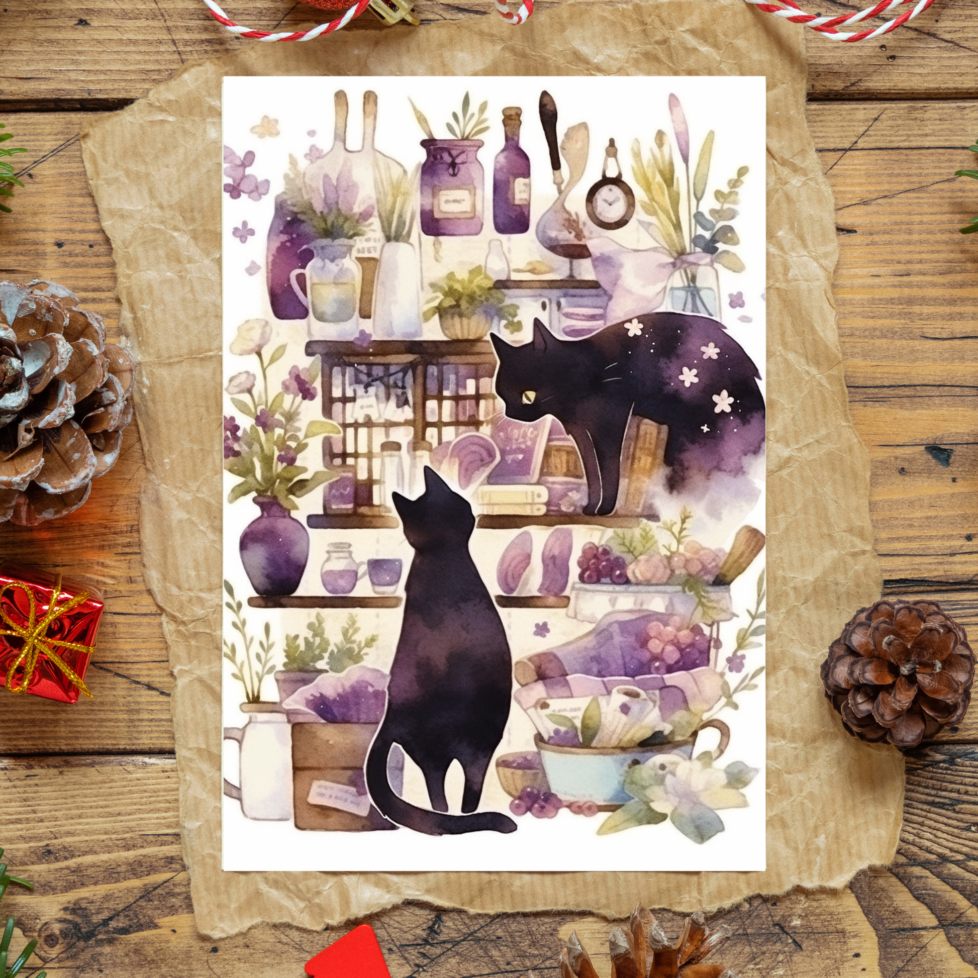 greeting card of cats assisting in spell-making in a witch's lab