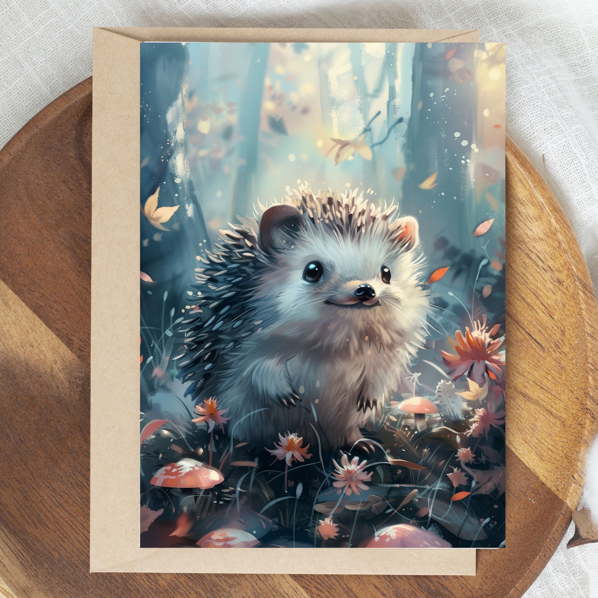 greeting card of a Hedgehog exploring the wonders of a beautiful forest