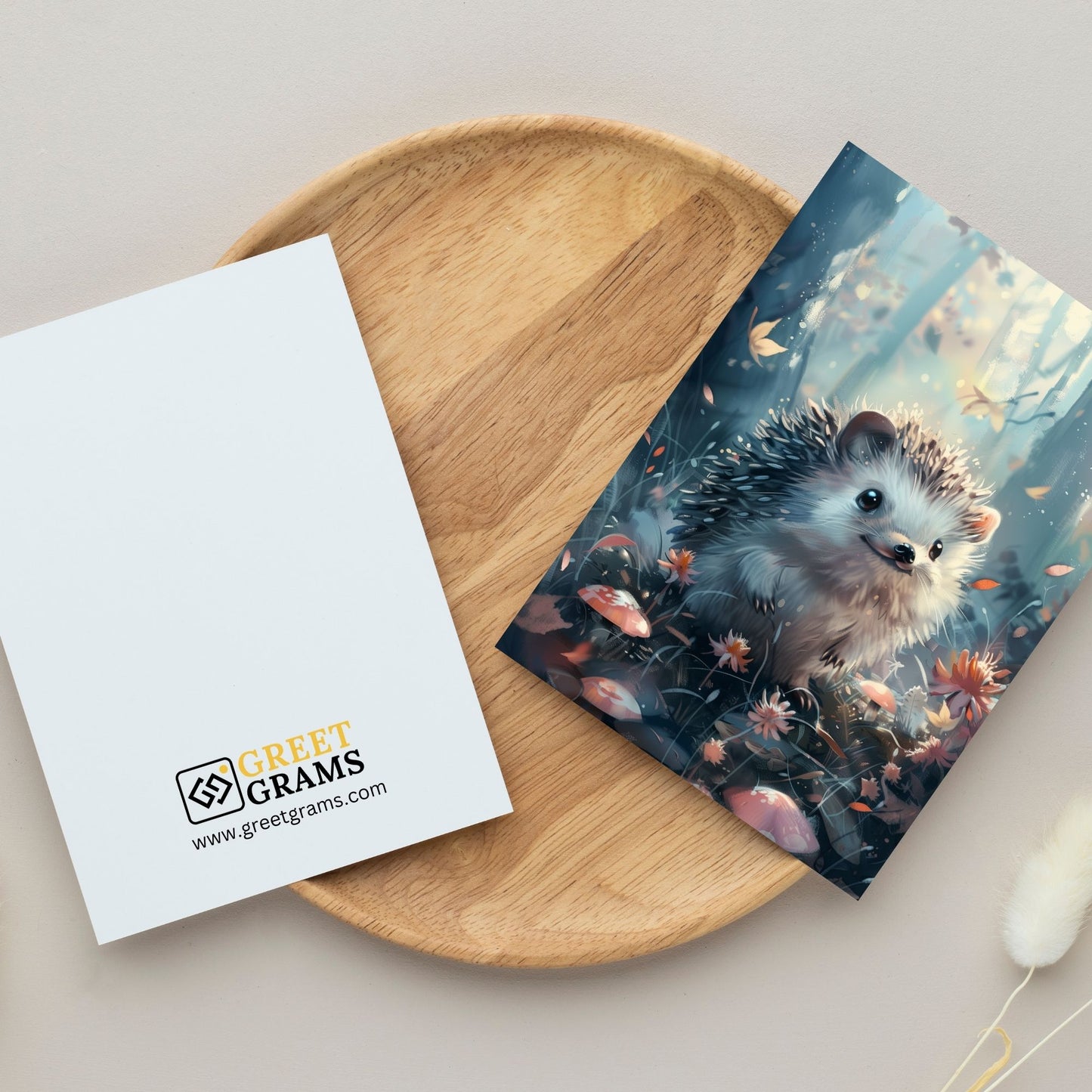 greeting card of a Hedgehog exploring the wonders of a beautiful forest in the grey background