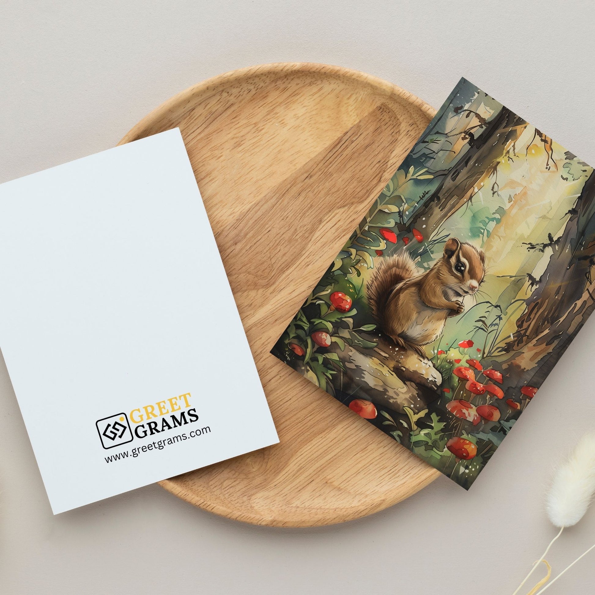 greeting card of a  curious chipmunk discovering the secrets of a forest in the grey background