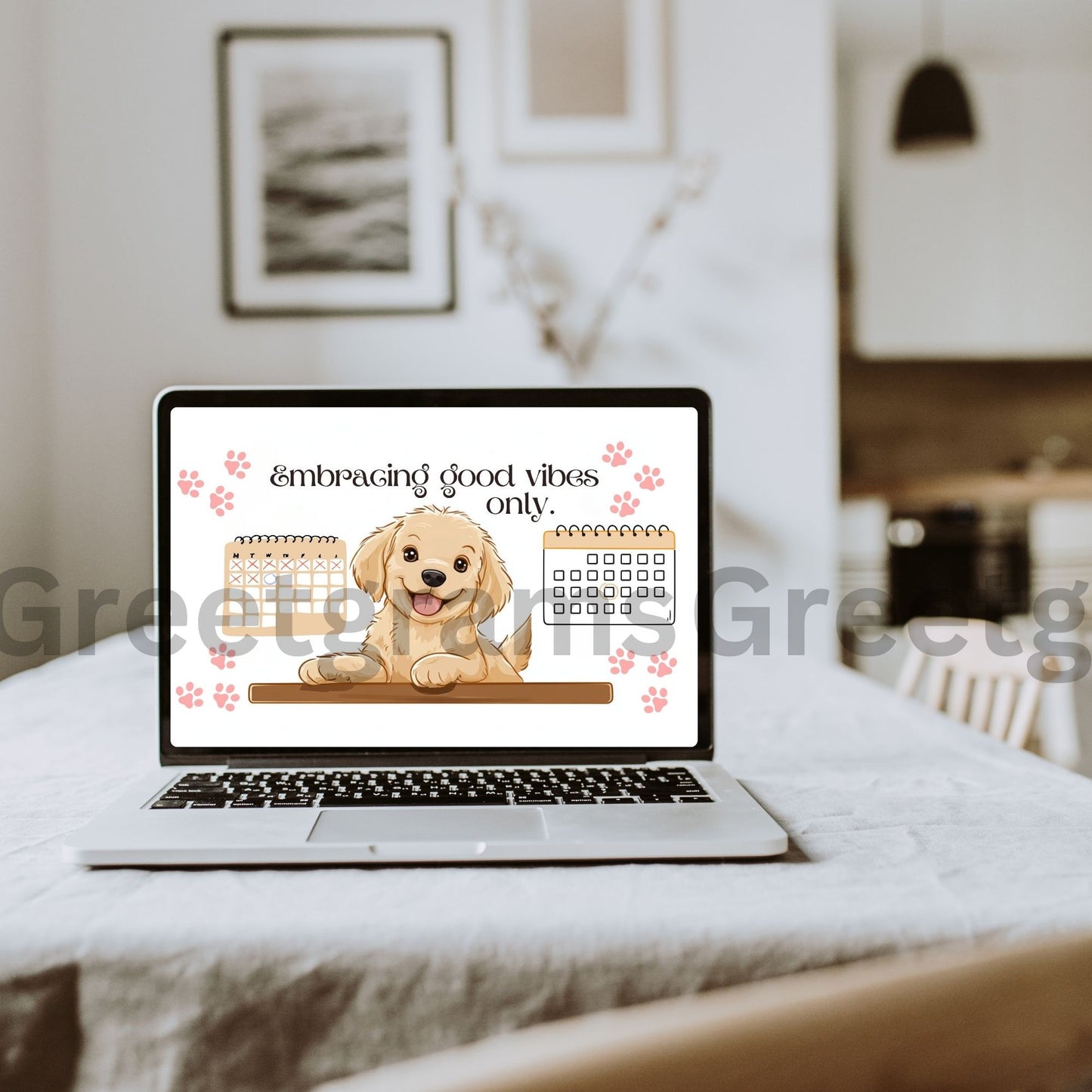 puppy next to calendars