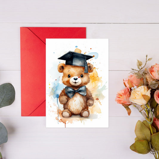 Graduation Card showing happy bear wearing black hat