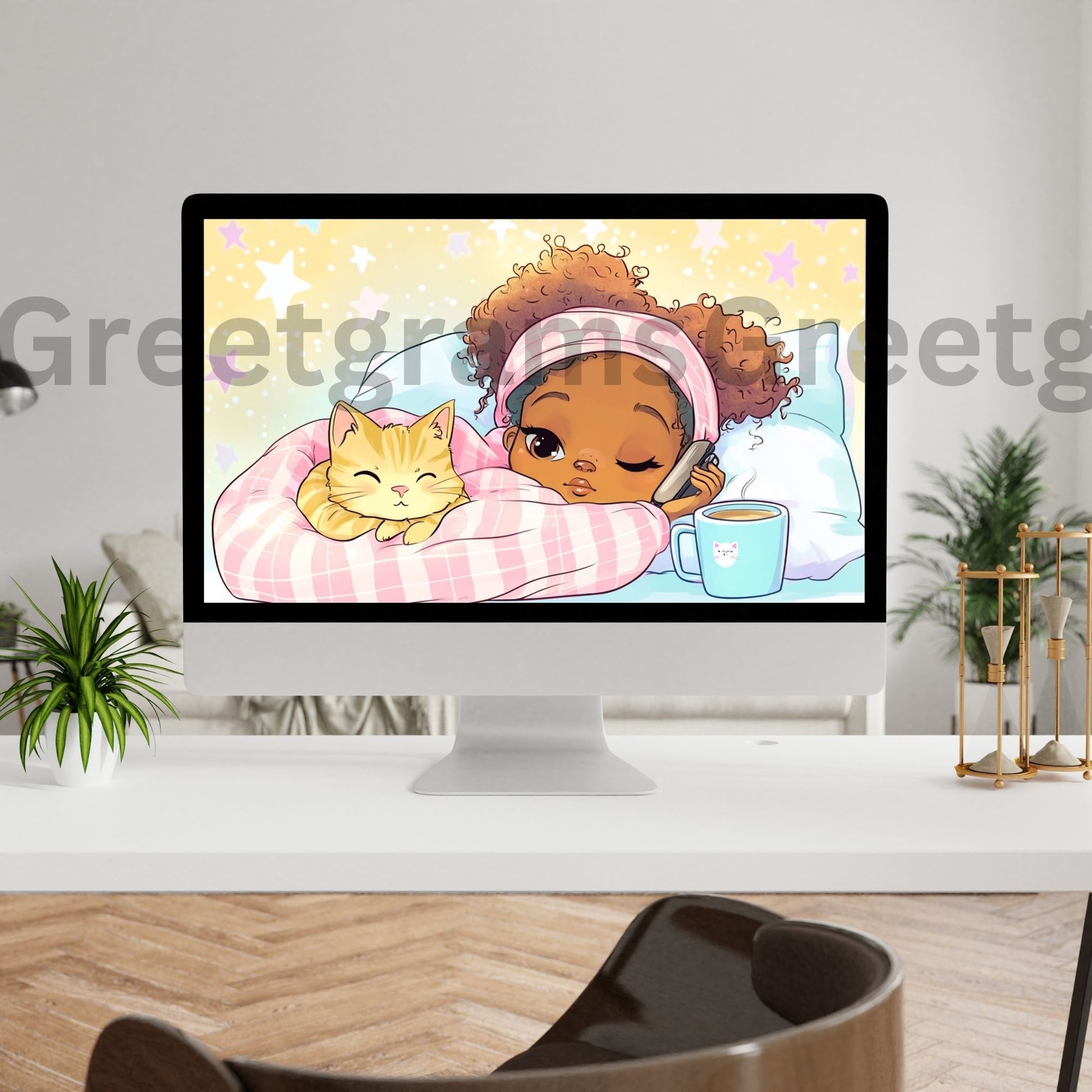 african american girl lying in bed with her cat