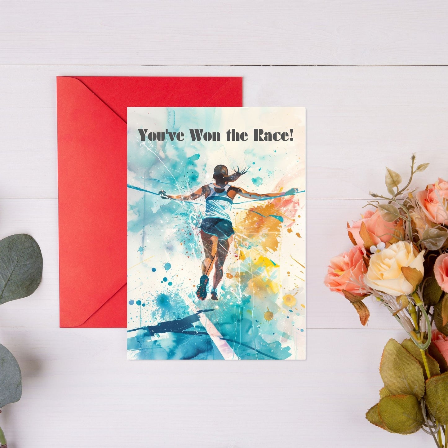 Graduation Card showing girl winning race of success 