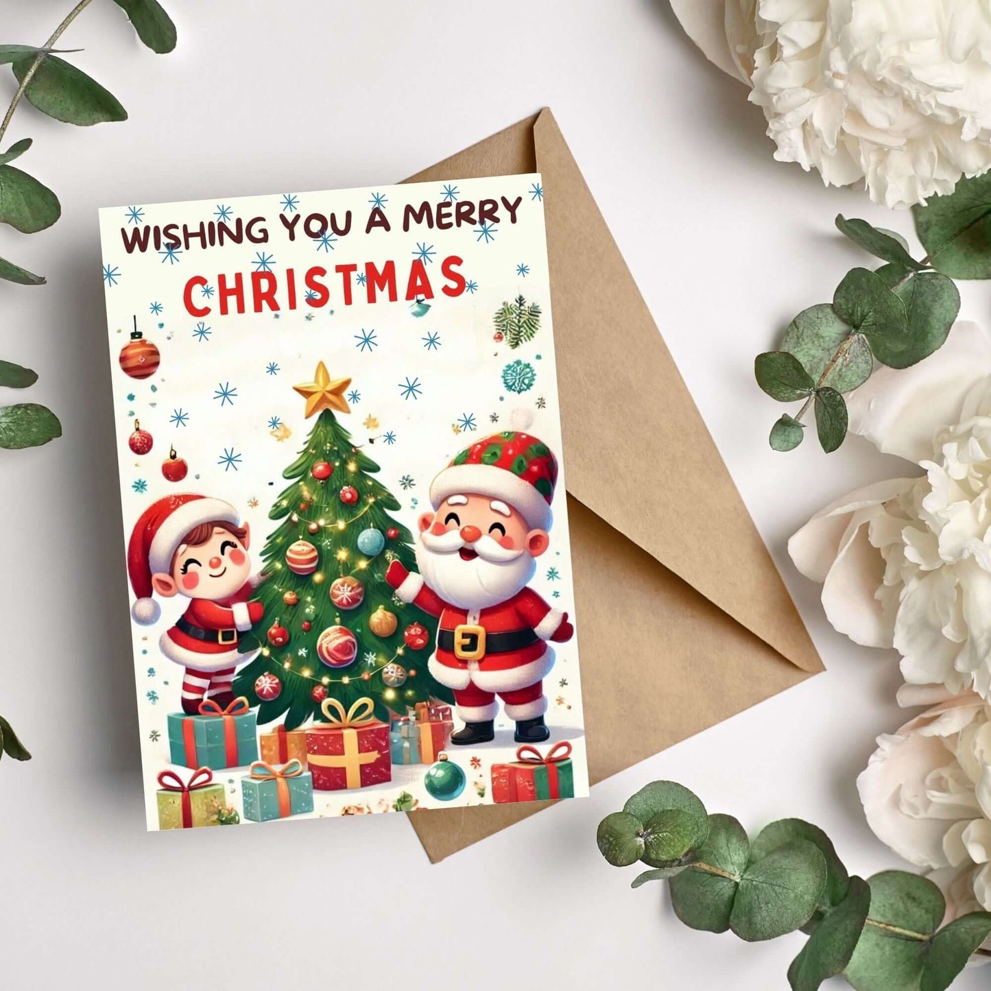 santa and elf by tree with presents 